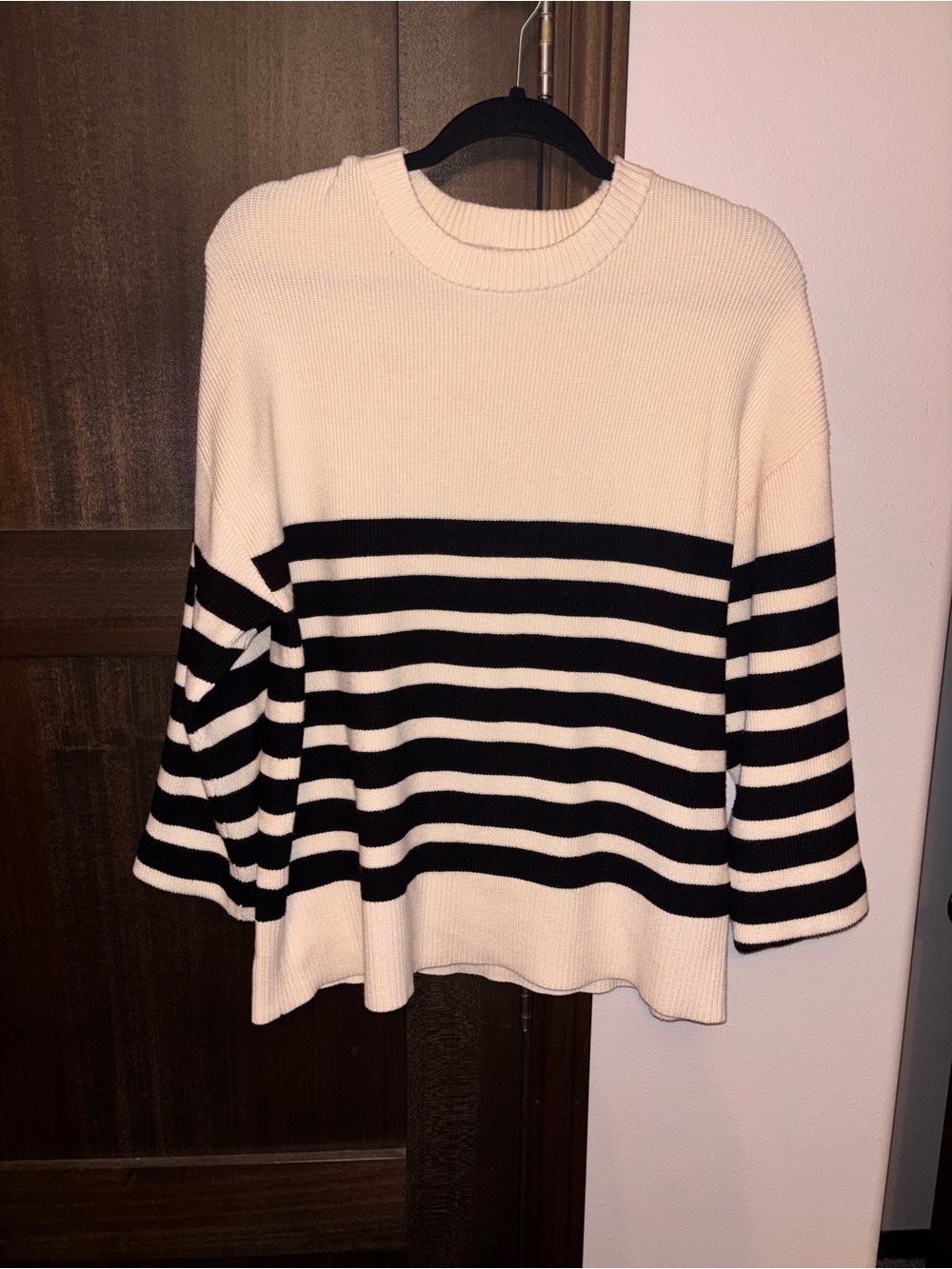 Cream and Black Striped Crewneck Sweater